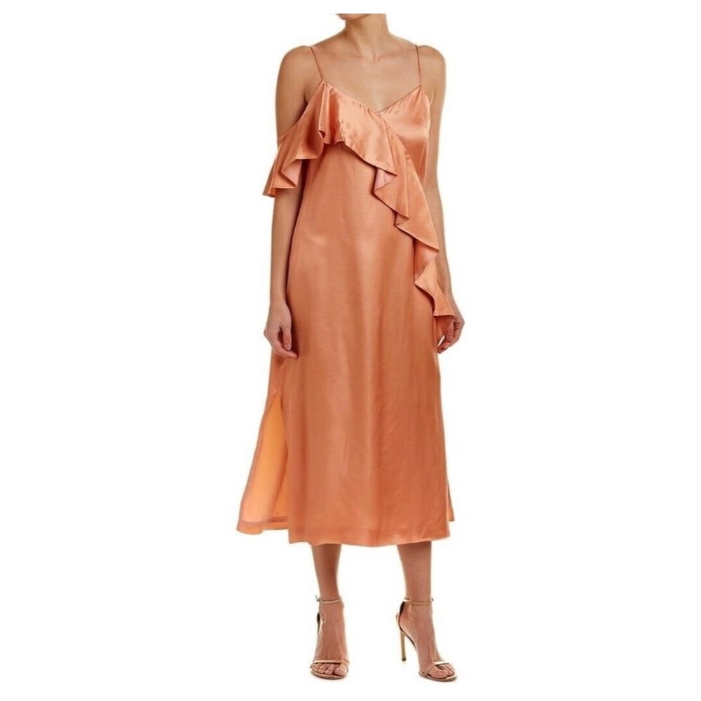 Amur Womens Selena Slip Dress 4 Satin Ruffle Midi Dainty Feminine Cupro Peach